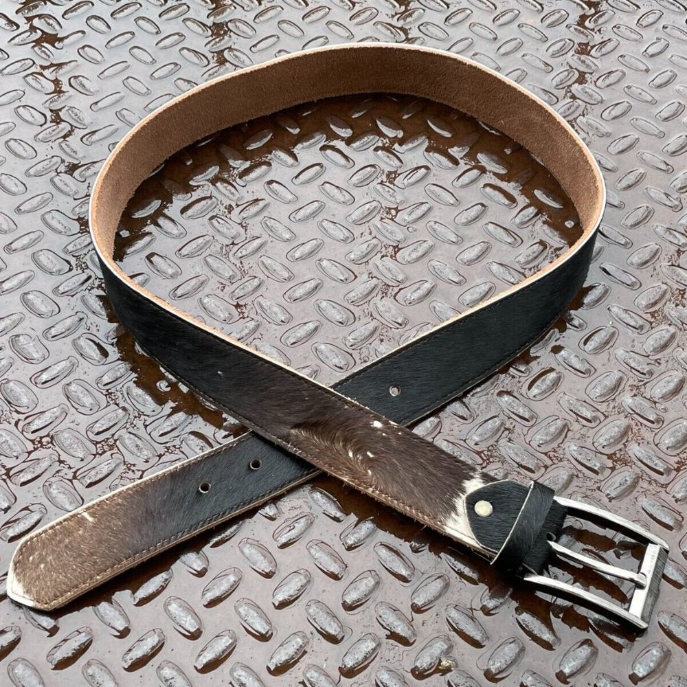 Real Fur Waistband Dark Brown Belt Cowhide Leather Handmade Belt Size 37-38 inch